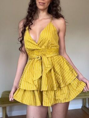 Yellow Striped V-Neck Tiered Mini Dress